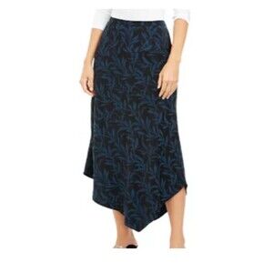 ALFANI Midi Skirt Leafy Vines Asymmetrical Blue Black Size 14